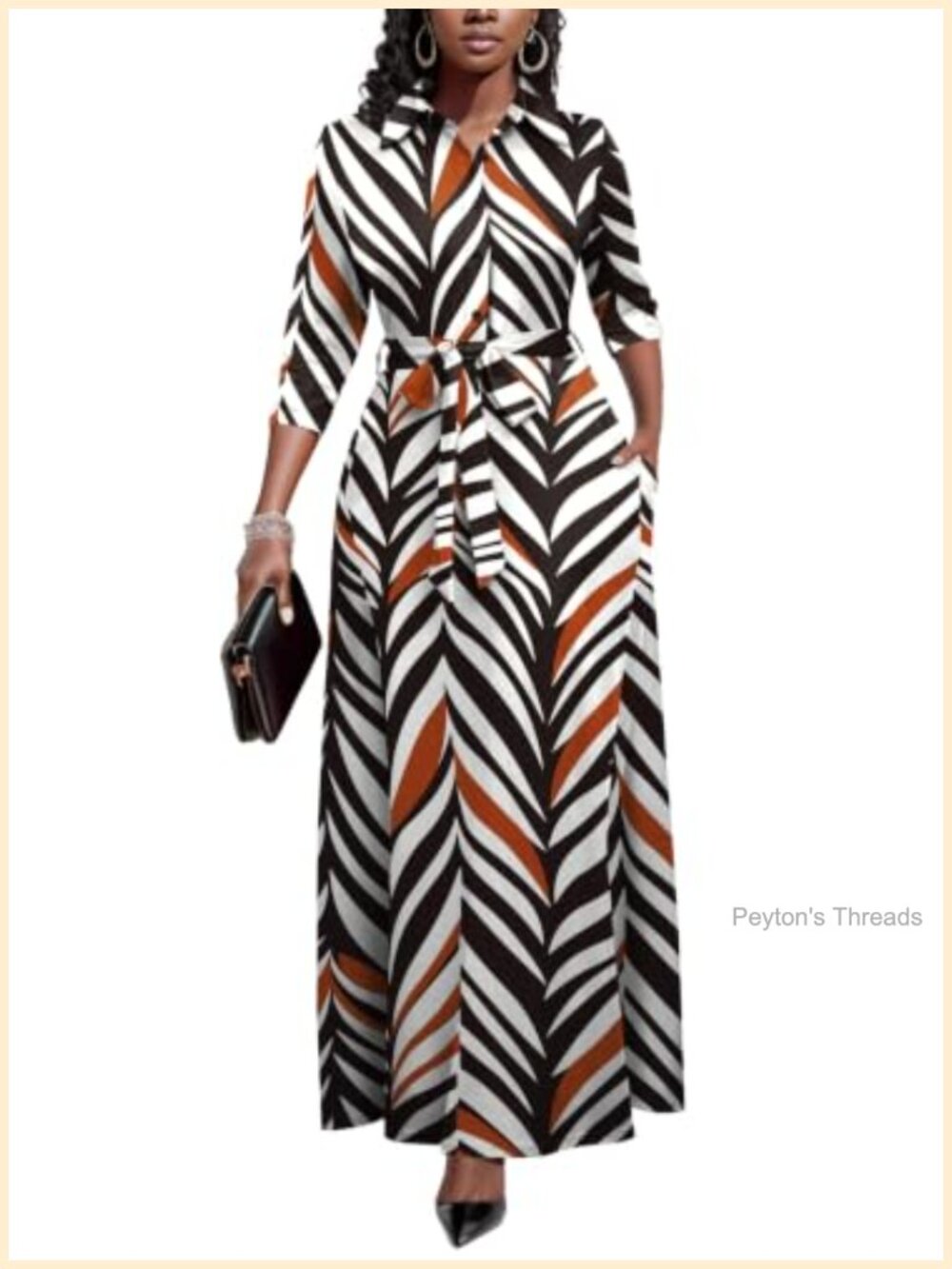 Maxi Dress with Pockets 3/4 Sleeve Button Down V-Neck Plus Size
